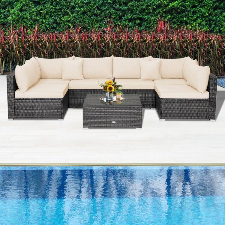 Patio Rattan Furniture Set Sectional Sofa Garden Cushion - 7 Pieces - Armless Sofa: 29" x 25.5" x 24"