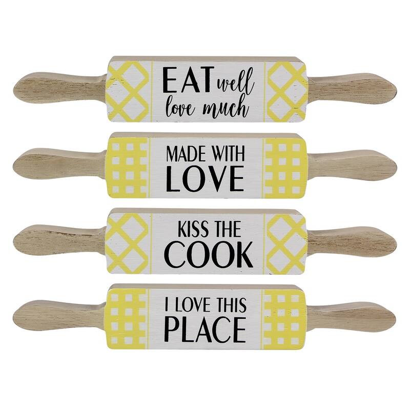 Rolling Pin Shaped Kitchen Table or Shelf Signs 10.25 Inches Set of 4 - Multi