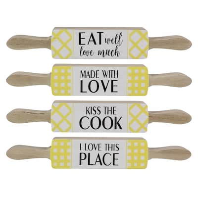 Rolling Pin Shaped Kitchen Table or Shelf Signs 10.25 Inches Set of 4 - Multi