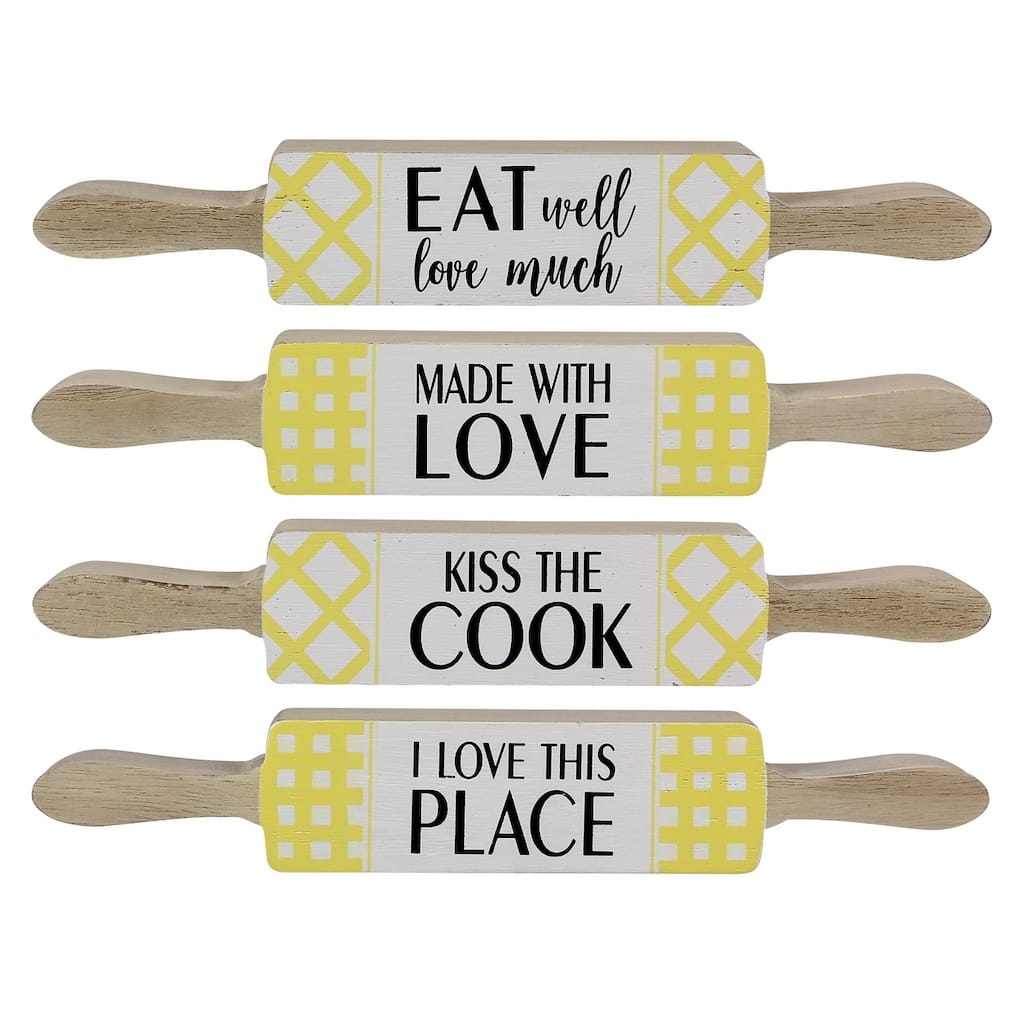 Rolling Pin Shaped Kitchen Table or Shelf Signs 10.25 Inches Set of 4 - Multi