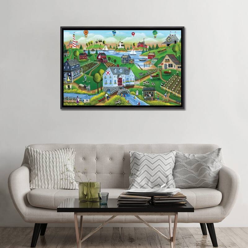 iCanvas "Village By The Sea with Hot Air Ballons" by Cheryl Bartley Framed
