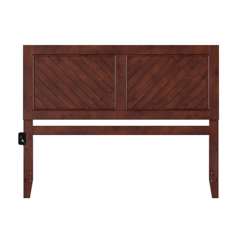 Wood Headboard Walnut Chevron Design USB Charger Bed Frame Modern Bedroom Decor
