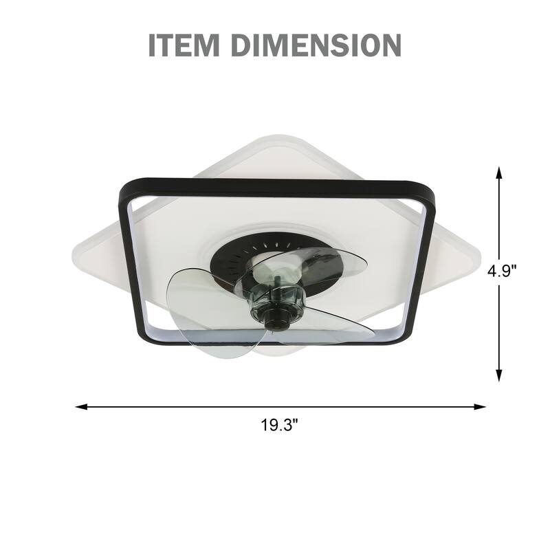 20" Black Square Low Profile Ceiling Fan with Dimmable Light, 6-speed Reversible with Remote Control