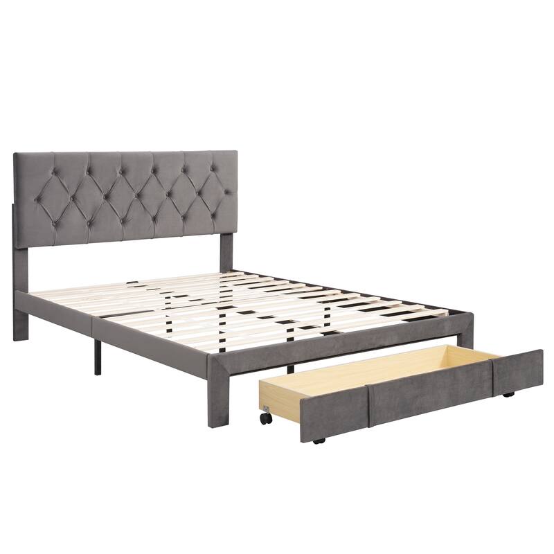Storage Bed Velvet Upholstered Platform Bed with a Big Drawer