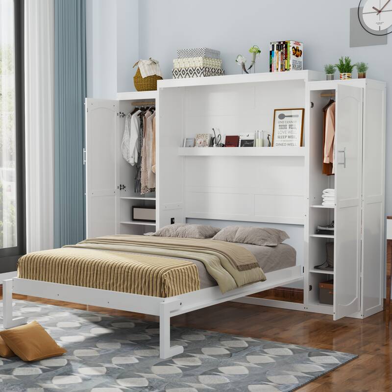 Queen Size Wood Murphy Bed with Two Wardrobe and Storage Shelf, Multifunctional Foldable Platform Bedframe - White