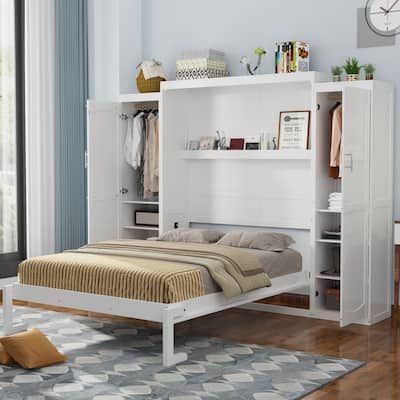 Queen Size Wood Murphy Bed with Two Wardrobe and Storage Shelf, Multifunctional Foldable Platform Bedframe
