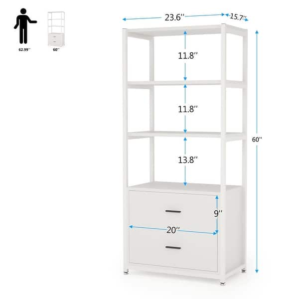 dimension image slide 1 of 3, 4-Tier White Bookshelf with 2 Drawers, Etagere Standard Book Shelves Display Shelf for Home Office - 60”H x 23.6”L x 15.7”W