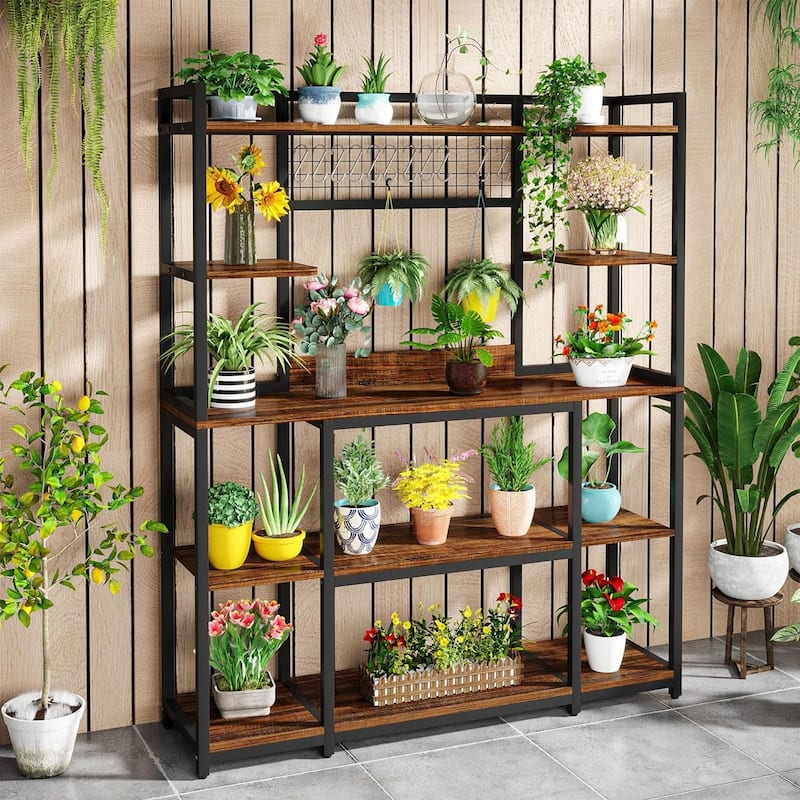 55" Wide Kitchen Hutch Cabinet Microwave Stand with 11 Hooks