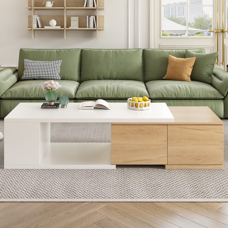 Modern Coffee Table with Extendable Sliding Tabletop and 2 Drawers