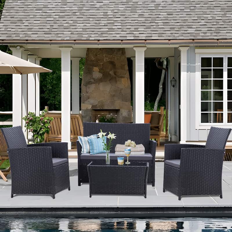 4-Piece PE Rattan Patio Furniture Set, Weather-Resistant Outdoor Conversation Set