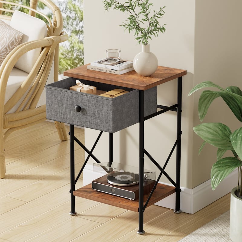 Javlergo Set of 1 or 2 Modern X-Shape End Table with Removable Fabric Drawer & Open Shelf for Living room bedroom study room