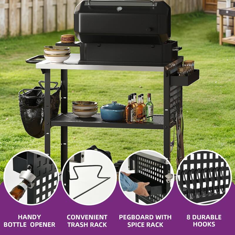 Moasis Outdoor 2 Tiers Stainless Steel Top Grill Cart Table with Drop Leaf and Wheels