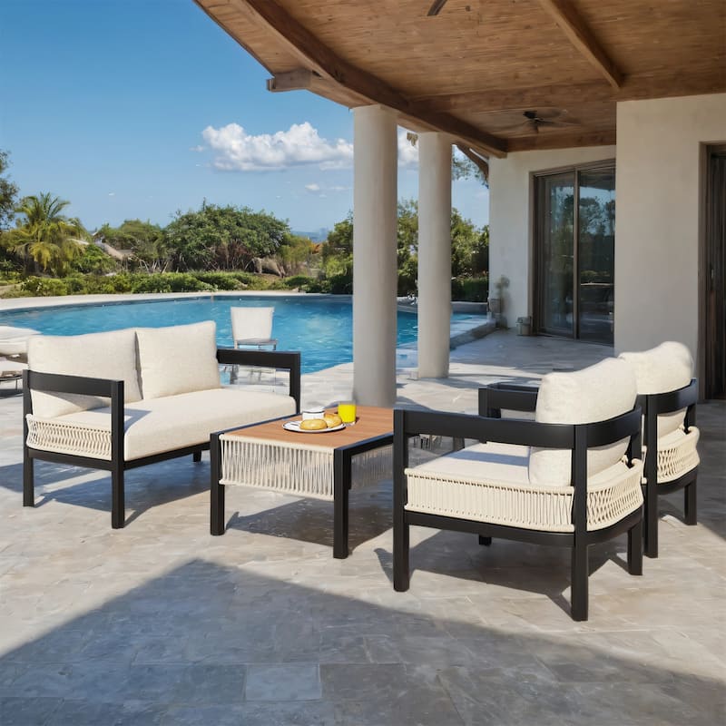 Modular Outdoor Sofa Set with PE Wicker & WPC Table, Rust-Proof Frame