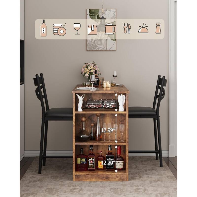 3-Piece 36in Wooden Counter Height Dining Table Set for Kitchen, Bar Table and Chairs