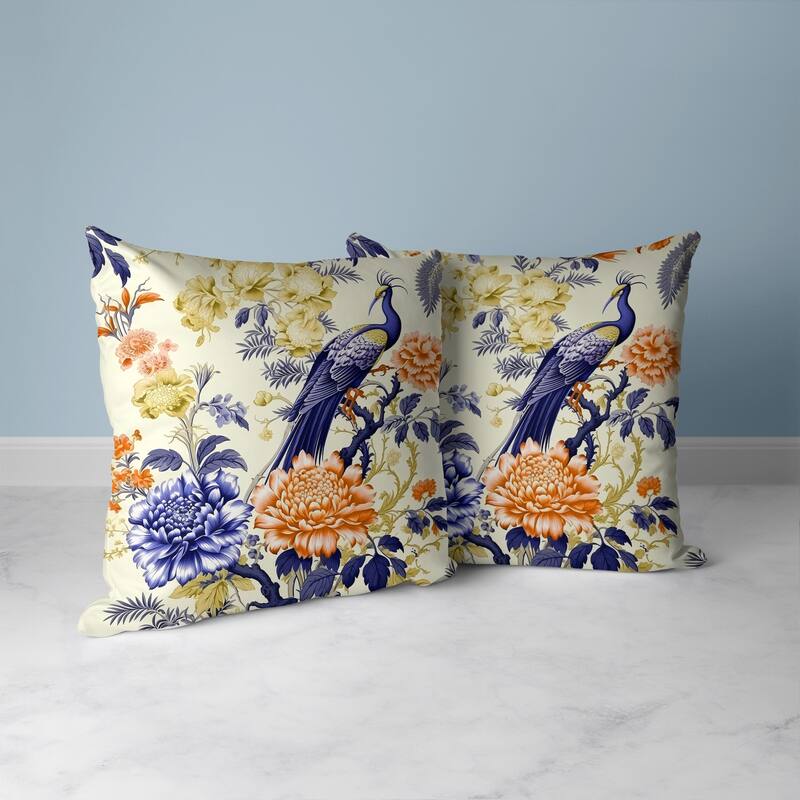 Peacock Panache Faux Suede Reversible Throw Pillow Blue and Orange