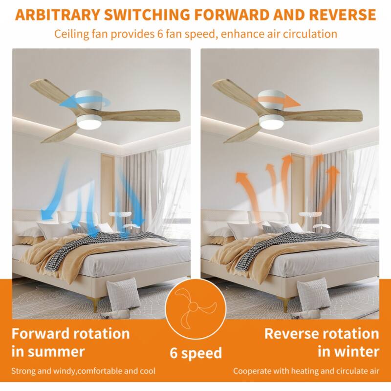 42 inch White Wood Ceiling Fans with Lights and Remote, Modern Flush Mount Low Profile Ceiling Fan with Light, 6 Speed