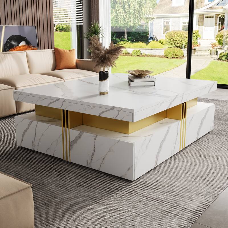 Roomfitters Modern Square Coffee Table, 4 Hidden Storage Compartments with Gold Accents, Contemporary Living Room Center Table - White