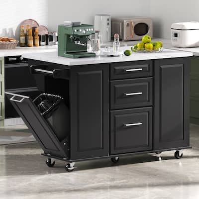 Marble Wood Top Dining Table, Rolling Kitchen Island withTilt Trash Can, Kitchen Cabinet with Drop Leaf Counter