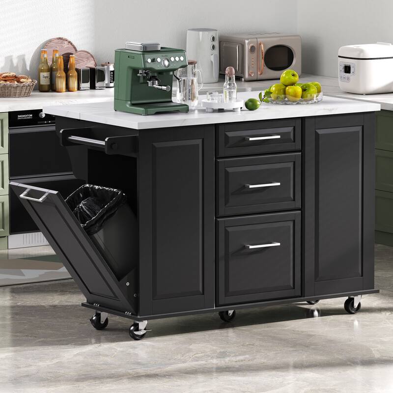 Retro Kitchen Island with Tilted Trash Can Cabinet, 2 Drawer Pull Out Cabinet Organizer and Folding Board, for Kitchen