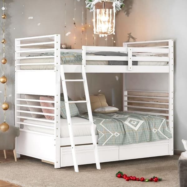 slide 2 of 19, Twin over Twin Classic Wooden Bunk Bed with 2 Drawers,Space-Efficient Multifunctional Bunk Bed with Storage,White White