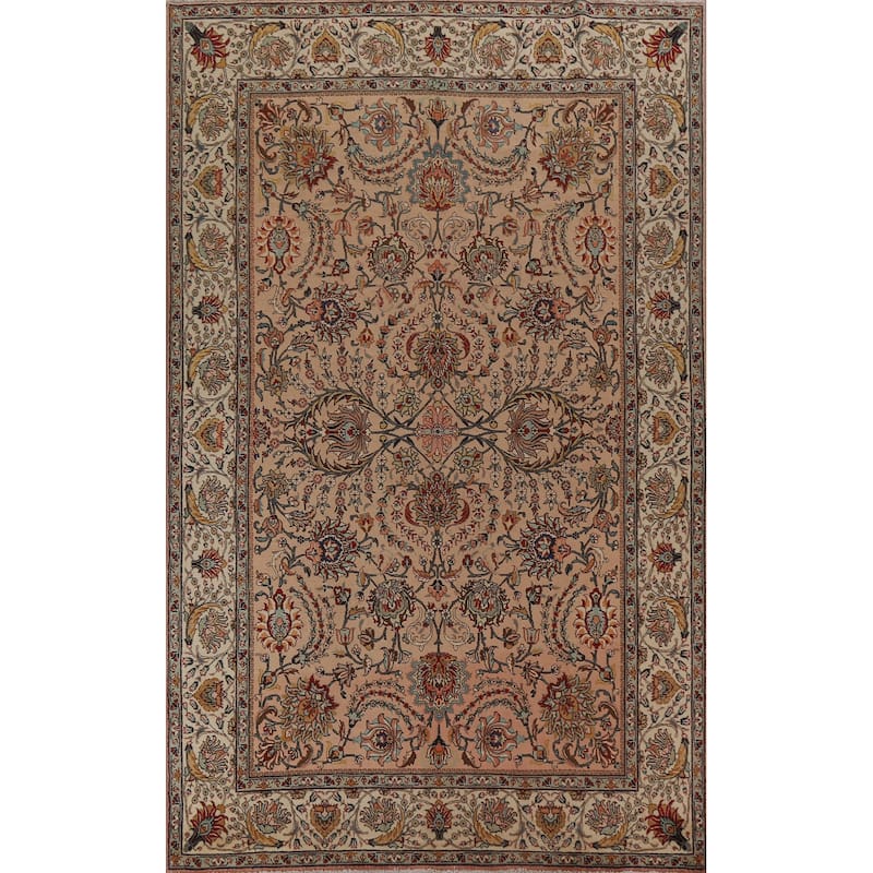 Hand Knotted Oriental 100% Wool Carpet Traditional All-Over Peach Tabriz Area Rug - 11' 2'' X 7' 7''
