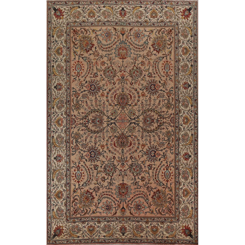 Hand Knotted Oriental 100% Wool Carpet Traditional All-Over Peach Tabriz Area Rug - 11' 2'' X 7' 7''