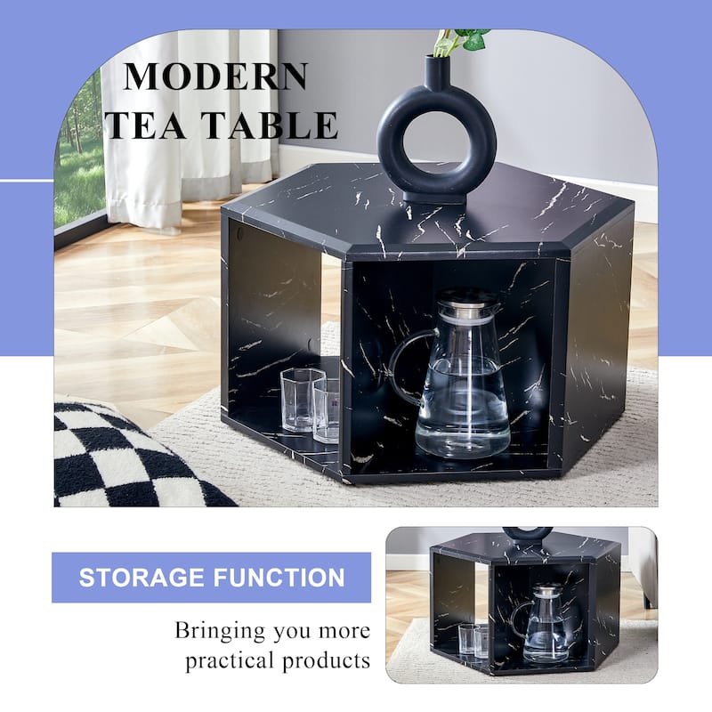 Hexagonal MDF coffee table, characteristic pattern stickers, multi-hole design to give more storage space