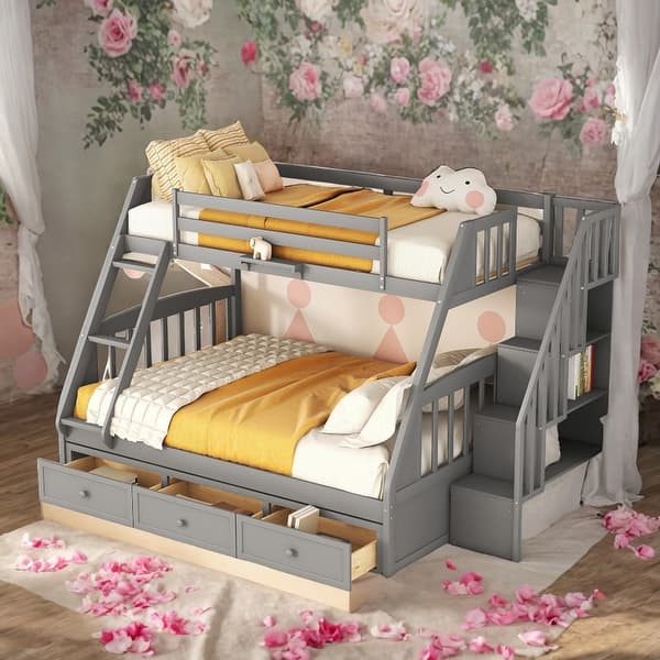 slide 2 of 11, Twin Over Full Bunk Bed with Drawers,Ladder and Staircase For Bedroom Grey