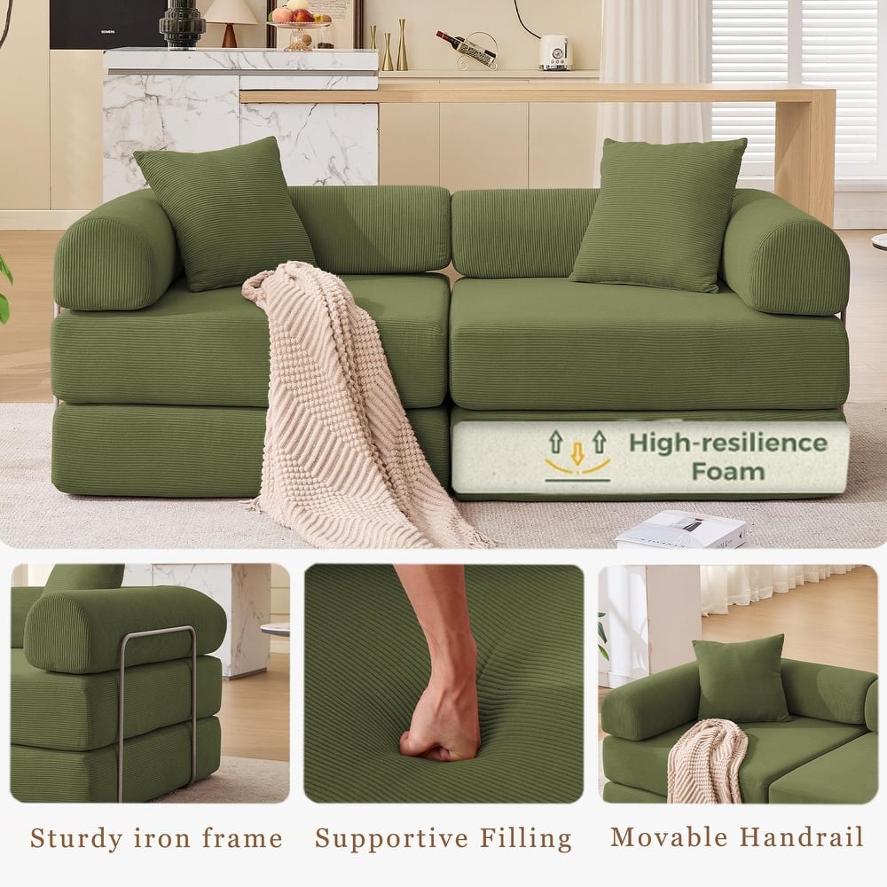 Folding Mattress Lounge Sofa with Corduroy Cushions, Convertible Sofa Bed Sleeper Sofa with Removable Armrests