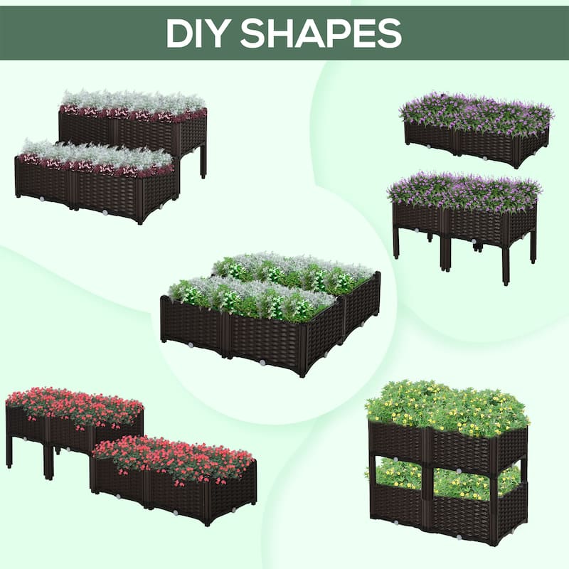 Outsunny 4-Piece Rattan Raised Garden Beds Outdoor Planter Boxes with Different Stacking Arrangements, Self-Watering Design