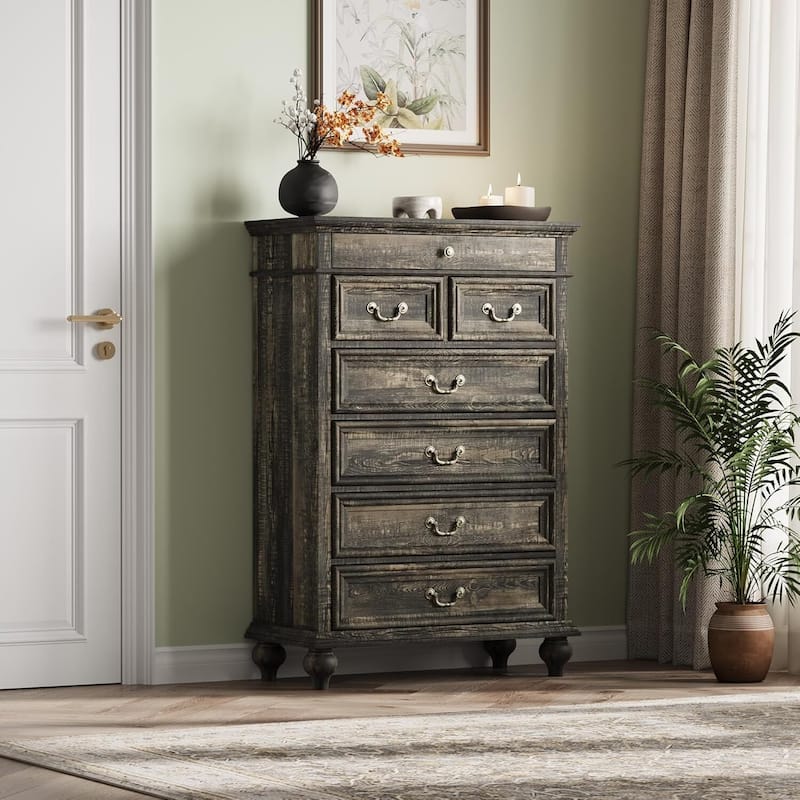 Rustic 7 Drawers Wooden Dresser for Bedroom Living Room with Jewelry Storage - Brown