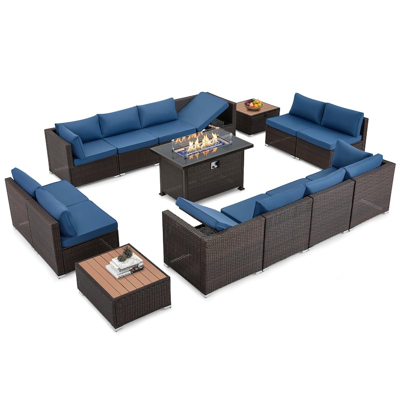 12-Person Patio Conversation Set with Fire Pit Table, All-Weather Wicker Outdoor Furniture - Blue