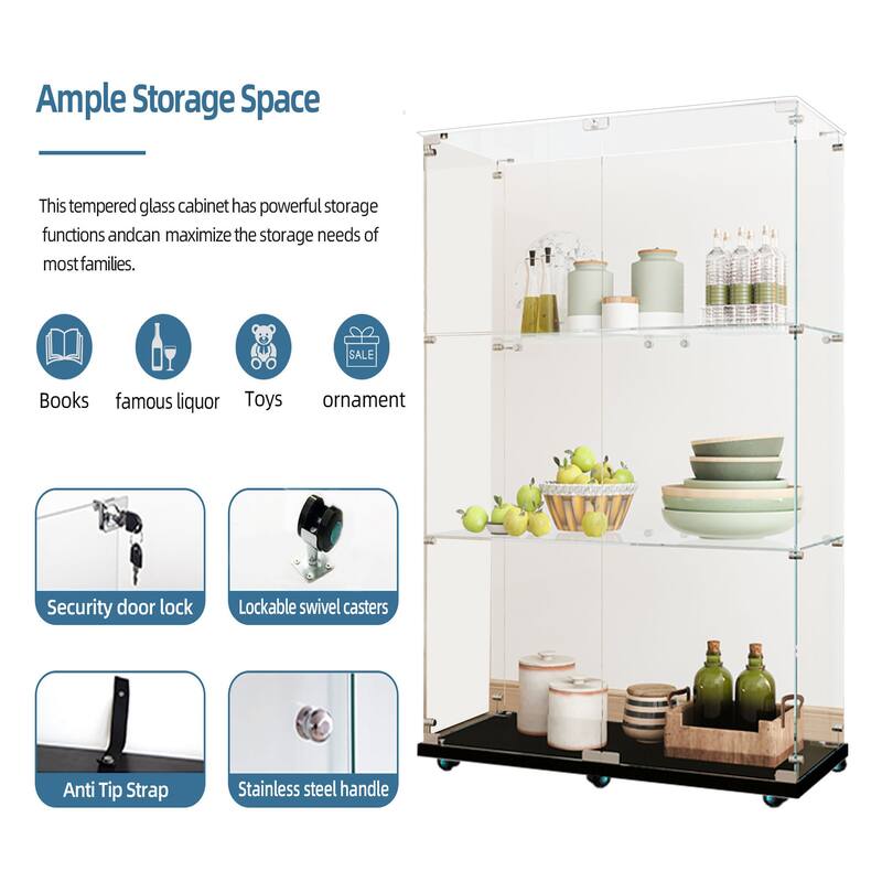Tempered Glass Display Cabinet, File Cabinet, Tempered Glass Top, Bluetooth LED Light Strip, with Door Lock