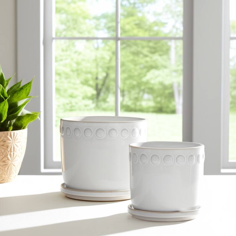 Ceramic Planter with Saucer, Bubble Trim Design - Set of 2, 8",6", Green