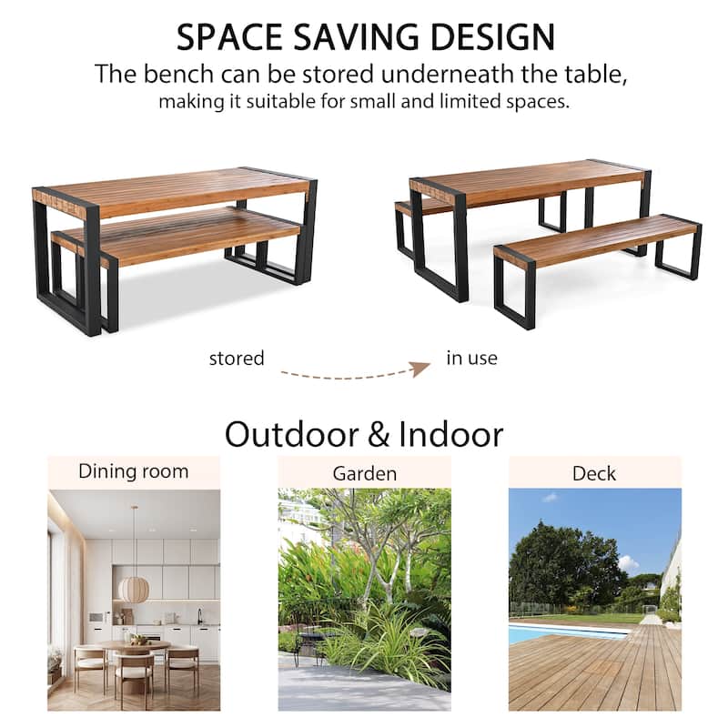 3-pieces Outdoor Dining Table with 2 Benches, Acacia Wood Top & Steel Frame