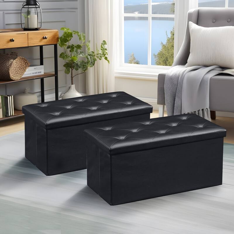 2 PC Storage Folding Ottoman, Storage Footrest Stool, Faux Leather Storage Bench Cube with Padded Seat for Small Space