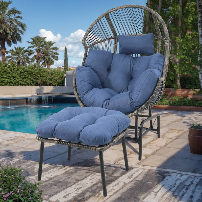 Outdoor Glider Egg Chair with Ottoman Blue Cushion - Grey - Grey - Blue