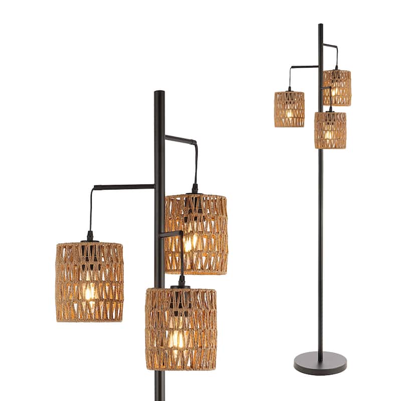 Lara 70.75" 3-Light Mid-Century Bohemian Metal/Rope LED Floor Lamp, Black/Natural, by JONATHAN Y