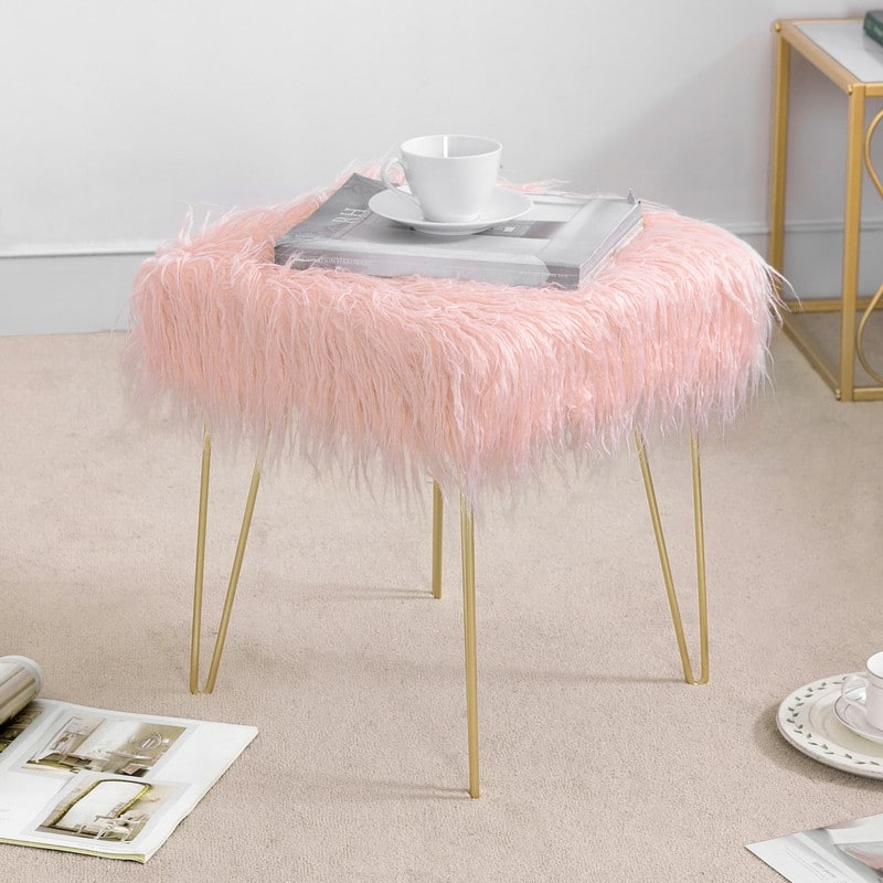 Adeco Faux Ottoman Vanity Stool with Metal Legs for Bedroom