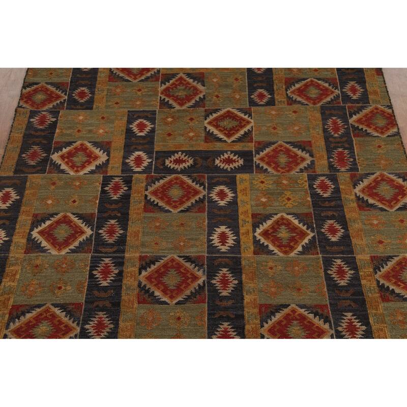 Green & Blue Geometric Kilim Oriental Area Rug Hand-Woven Wool Carpet - 7'8"x 9'10"