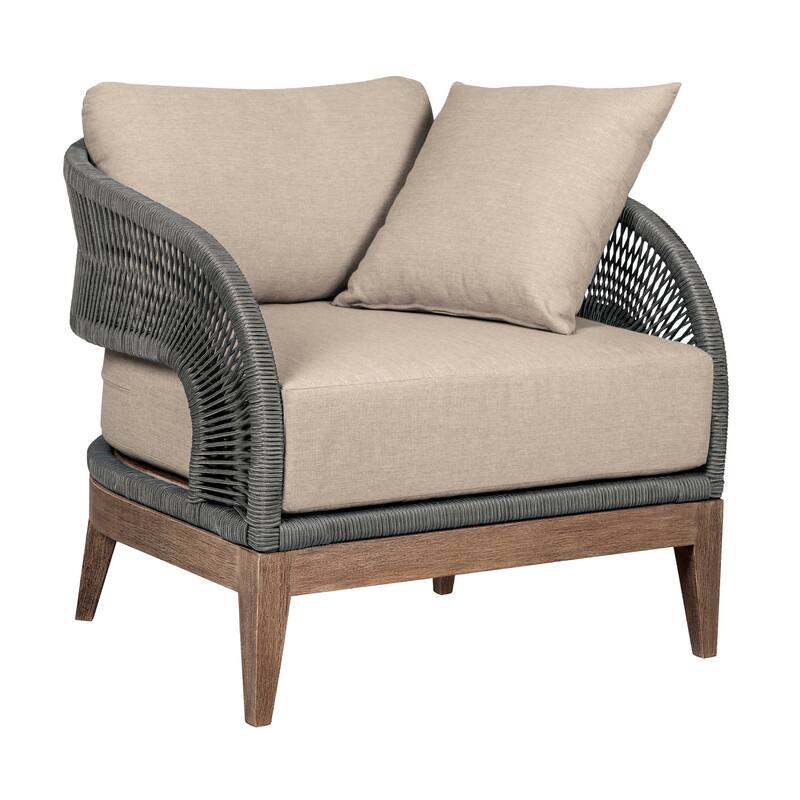 Kimi 33 Inch Outdoor Patio Accent Chair, Olefin Cushions, Gray Woven Rope