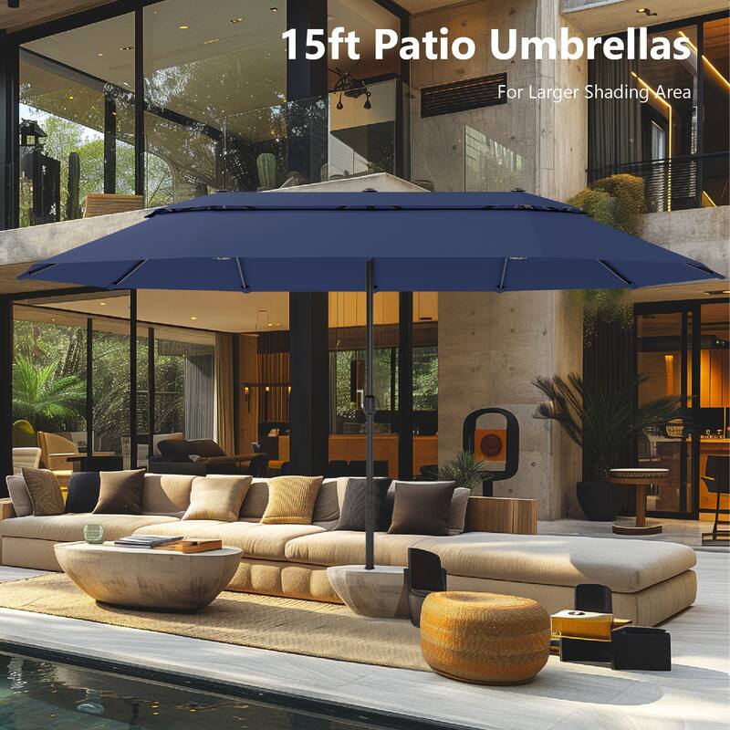 MAISON ARTS 15ft 2-Tier Large Patio Umbrella with Solar Lights, Double-Sided Outdoor Market Umbrellas with Base Included