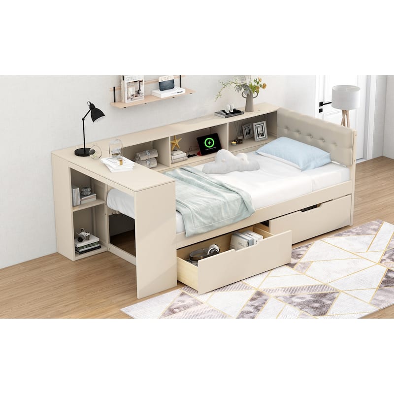 Wood Twin Size Upholstered Headboard Platform Bed with Storage Shelves Drawers and Charging Station