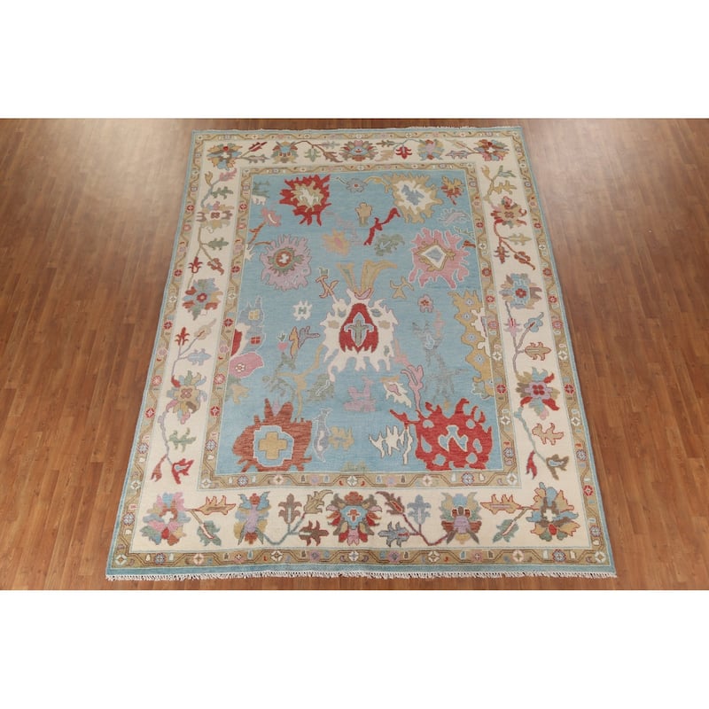 Light Blue Oushak Oriental Area Rug Handmade Floral Wool Carpet - 9'0"x 11'10"
