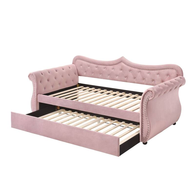 Chic Daybed Trundle Pink Velvet - Modern Kids Bedroom Furniture, 94" Long