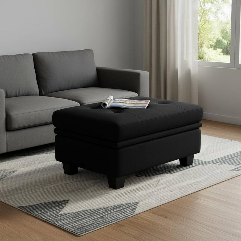 HomeRoots 32" Beige and Black Velvet Tufted Storage Ottoman - Black