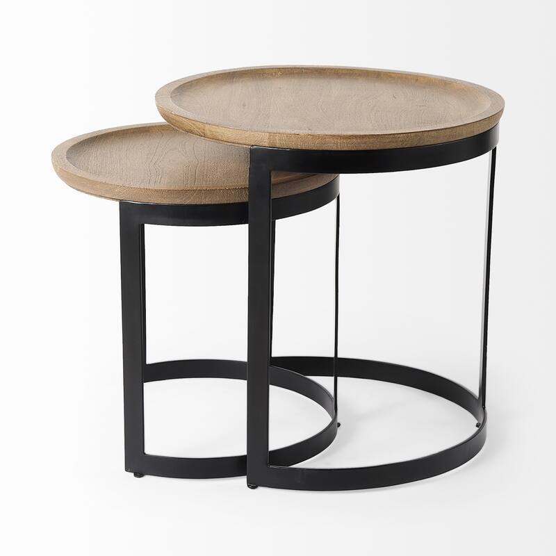 Aisley Light Brown Solid Wood w/ Black Iron Base Round Nesting Side Tables - 19.3L x 19.3W x 19.0H