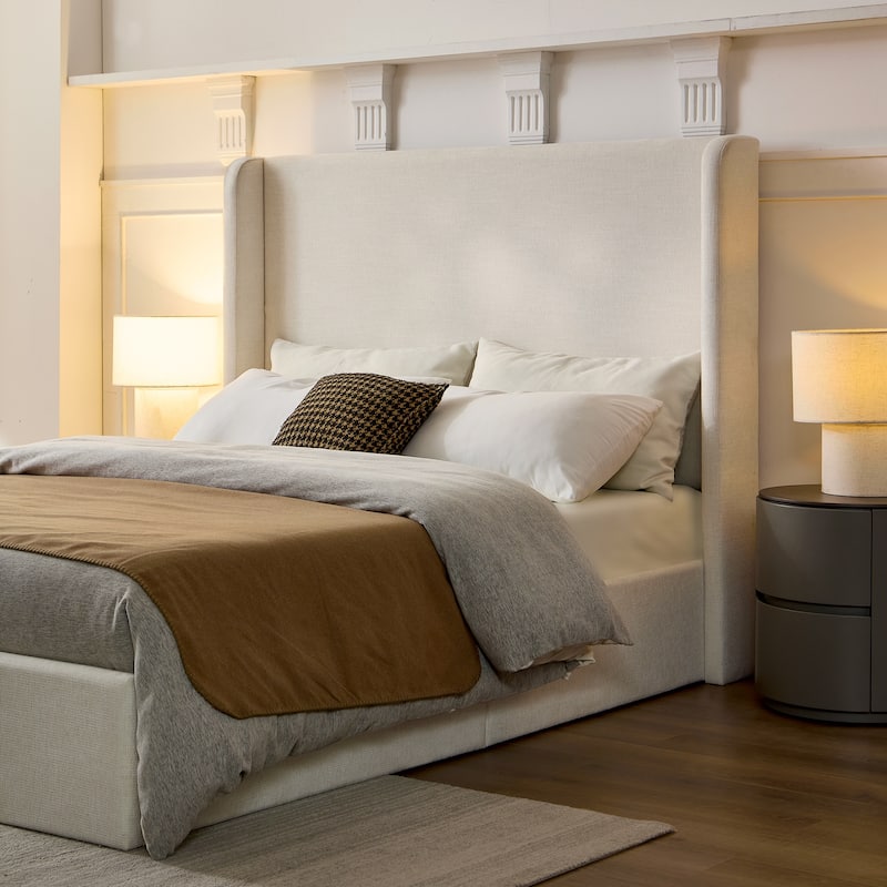 Christopher Knight Home - Carmen Upholstered Wingback Platform Bed Frame, Textured Ivory Chenille, No Box Spring Needed