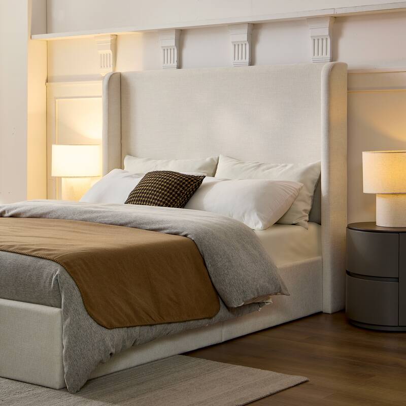 Tall Headboard Wingback Upholstered Platform Bed Frame Elegant Textured for Bedroom Strong Wood Slats Support