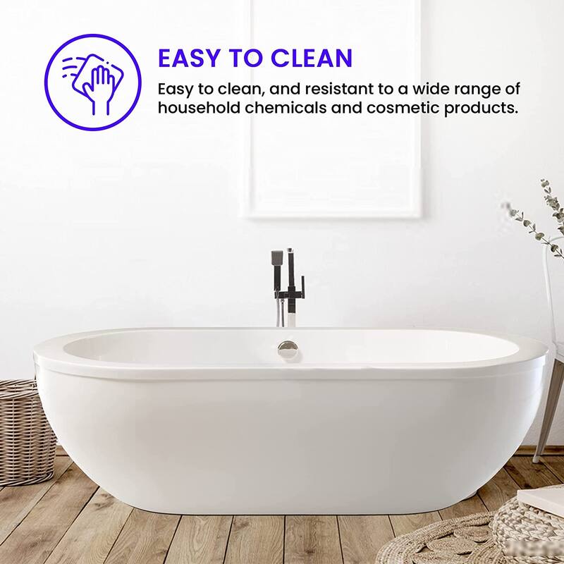 Vanity Art 71-inch Freestanding Acrylic Bathtub Stand Alone Soaking Tub with Polished Chrome Round Overflow & Pop-up Drain - 71